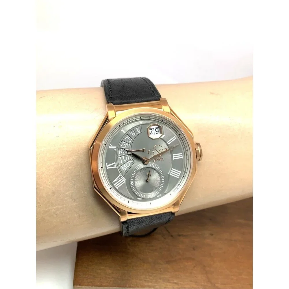 Gevril GV2 Men's Watch 42423 Swiss Quartz Gray Dial Black Leather Strap 44mm